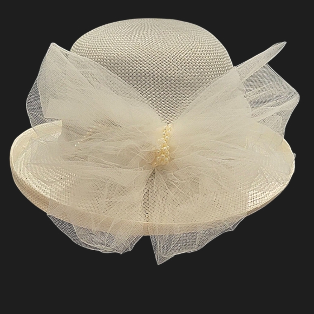Unbranded Chic Cream Women's Elegant Straw Hat W/ Faux Pearls, Mesh & Bow NWOT - Picture 6 of 10